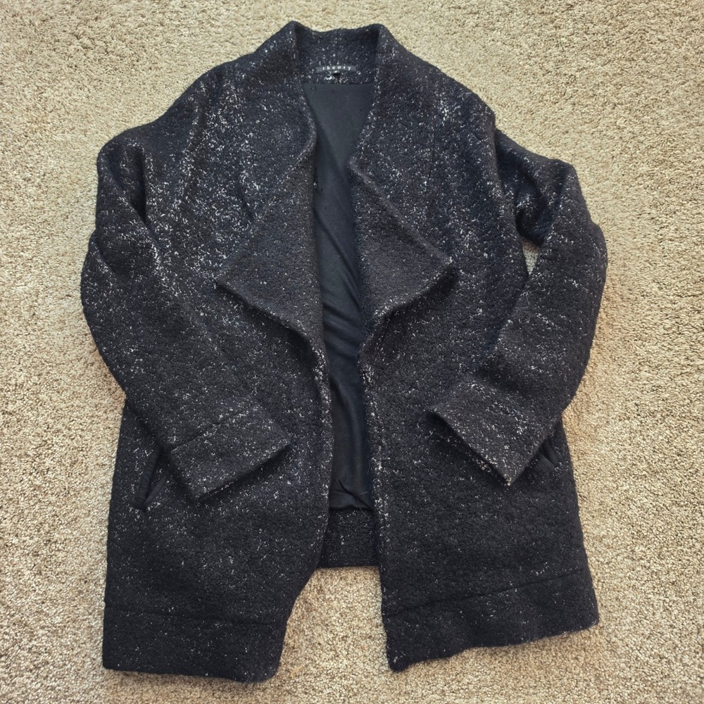 Theory Coatigan Womens Medium Black Wool Blend Salt & Pepper Shawl Open Front